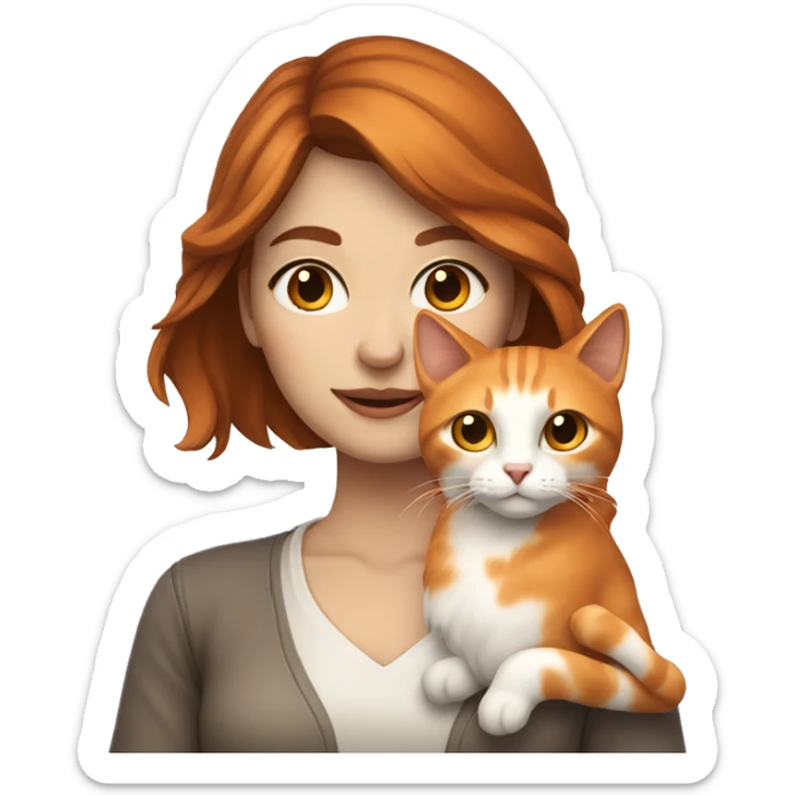 Woman with fair skin and long brown hair holding white and orange cat sticker