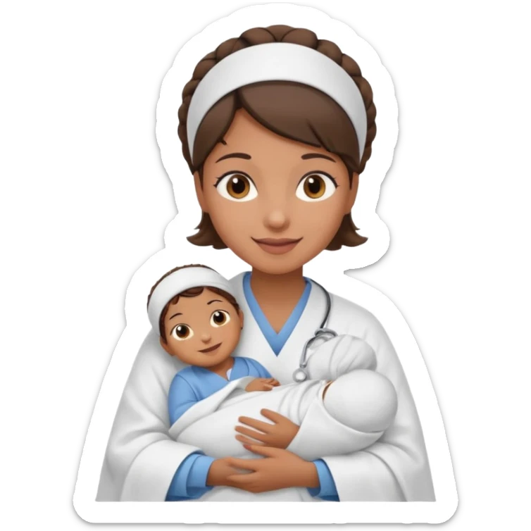 Female nurse smiling with a small hair roll on top of head with medium brown skin and brown eyes holding one new born  sticker