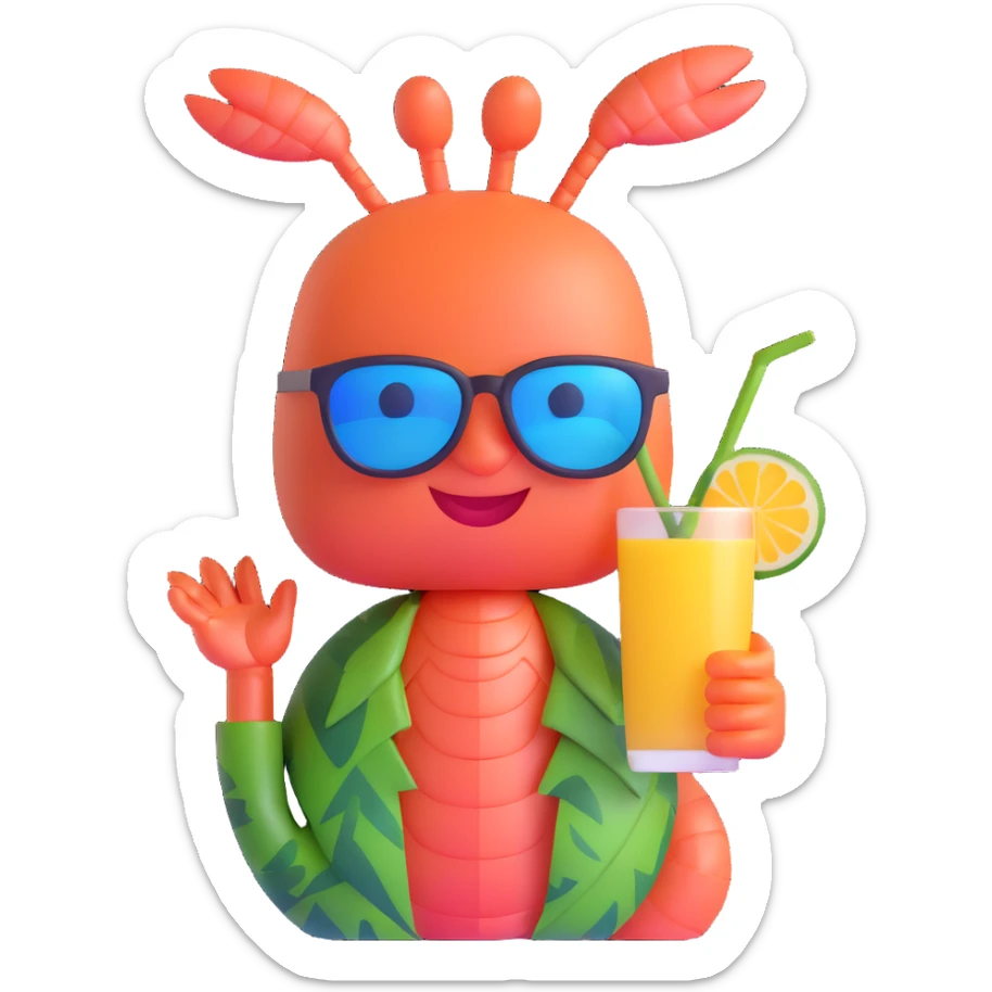 shrimp on vacation wearing sunglasses and a hawaiian shirt, holding a tropical drink, relaxing on a beach, memoji style sticker