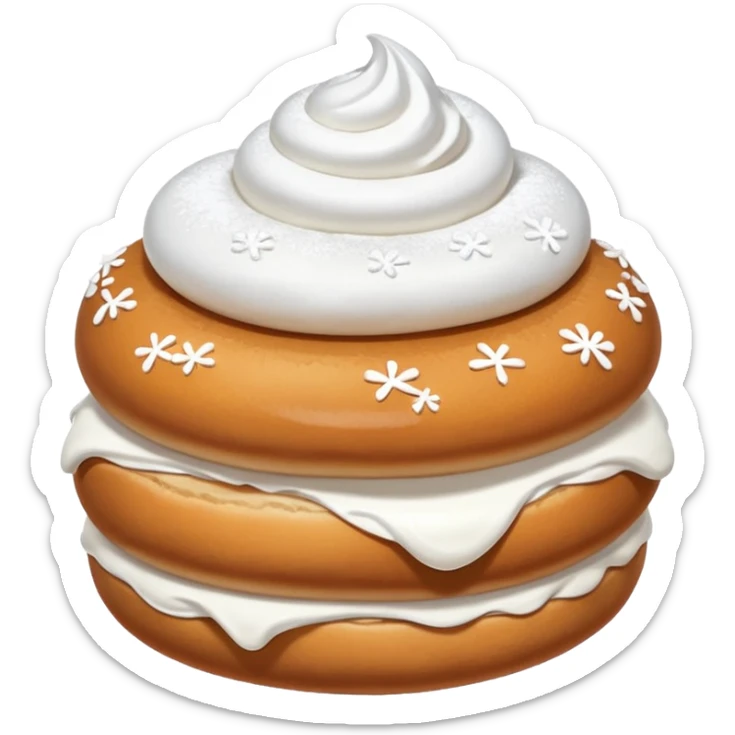 A bun with visible whipped cream in the middle beteween two bun halves and powdered sugar on top, no cream on top sticker