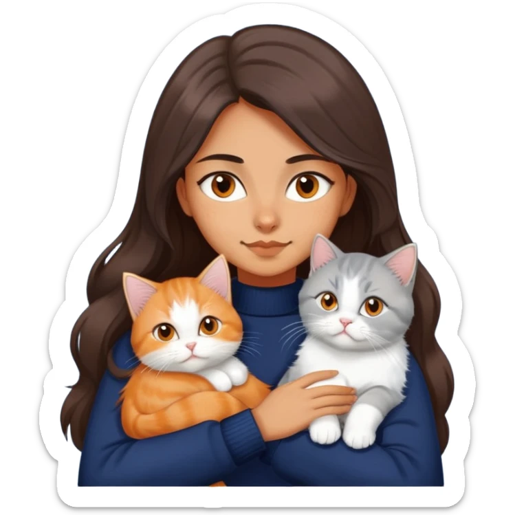 a girl with long dark brown hair, in a navy sweater, hugs a persian peaknose grey cat and persian peaknose orange and white kitten sticker