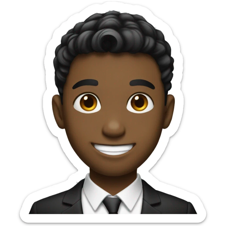 smiling boy wearing black suit with tapper fade haircut pointing finter to right side sticker