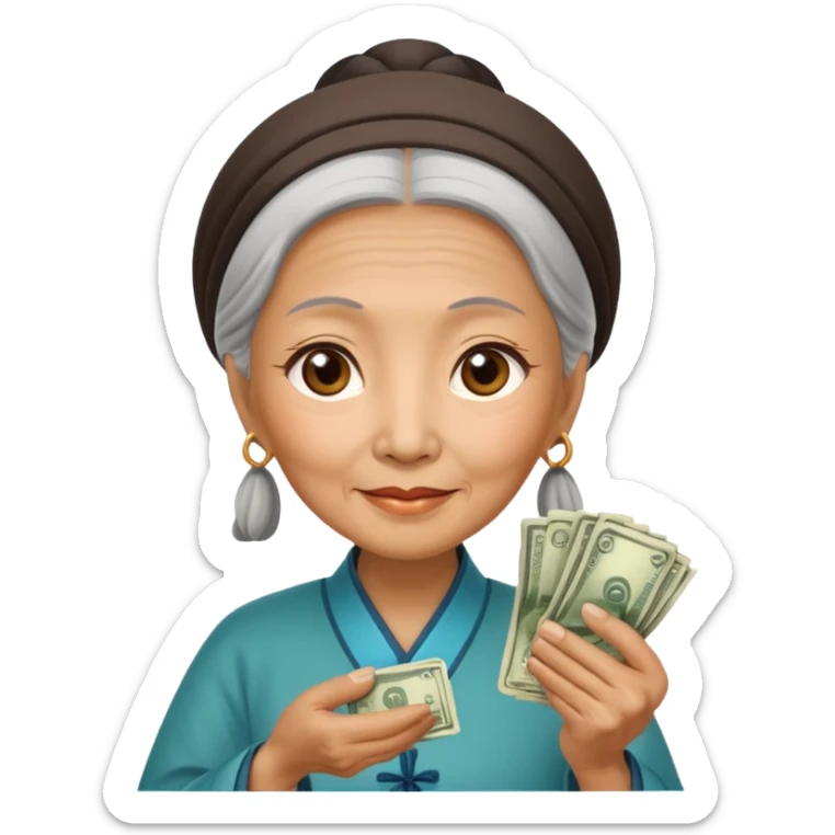 old chinese woman with Compassion - sympathetic concern for the sufferings of others, offering money sticker