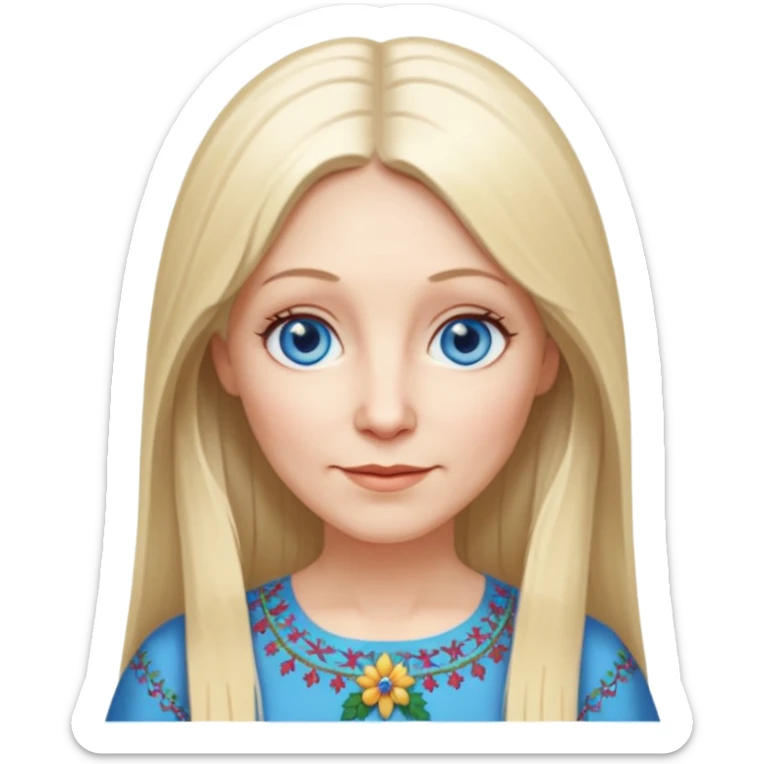 50 yr old white woman, hippie parted very long hair, short bangs, very long straight blond hair, oval face, small smile, blue eyes, thin face, hair downback, hair parted at center of head, round cheeks, pale, longer hair, white christmas dress sticker