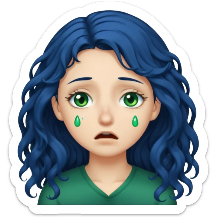 Girl with long  curly dark blue hair, green eyes, and very fair skin.crying sticker