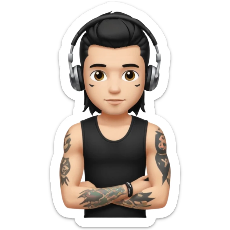 a pretty bratz guy with mullet and earphones and a sleeveless black top with tattoos on arm sticker