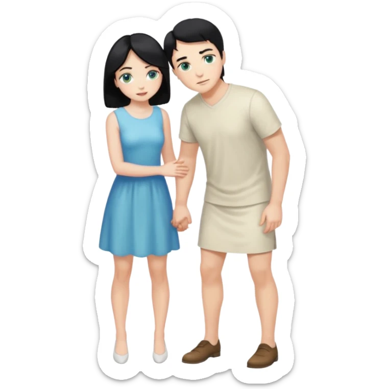 King, man, standing, black Hair, blue eyes, whole body, Woman, bending knees, blonde, green eyes, White Dress, sticker