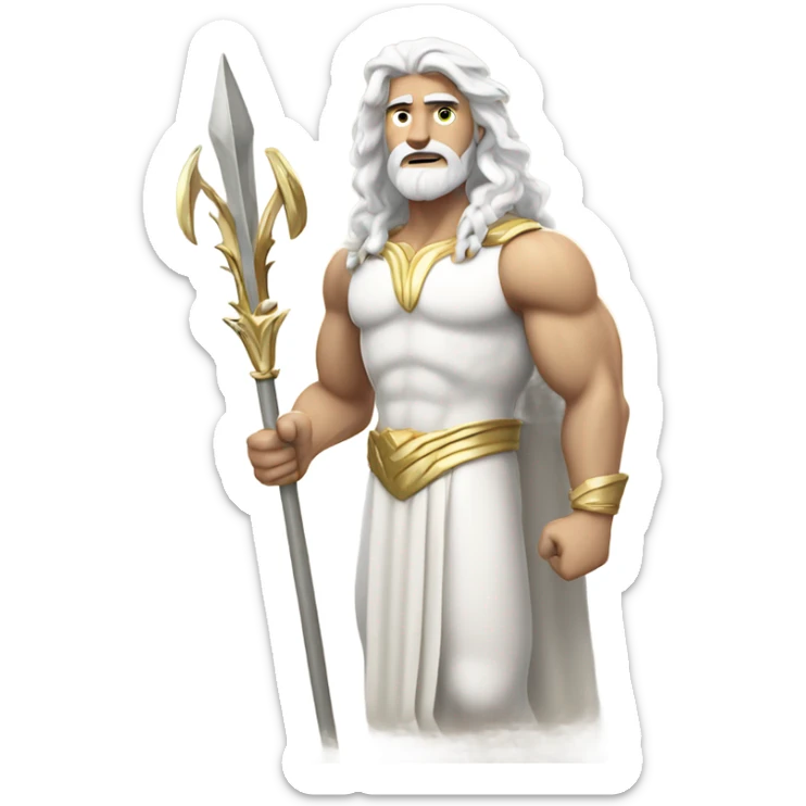 white Poseidon with gold Trident. long white hair white dress. show biceps muscle sticker