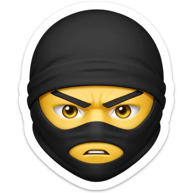angry ninja face emoji, classic yellow emoji style, all black ninja mask, scowling eyes, no visible skin except eyes sticker