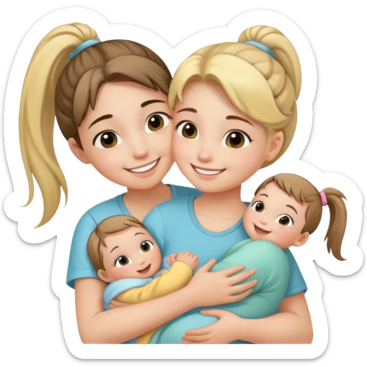 Teenage girl with ponytail embracing a baby and her little sister, loving family sticker