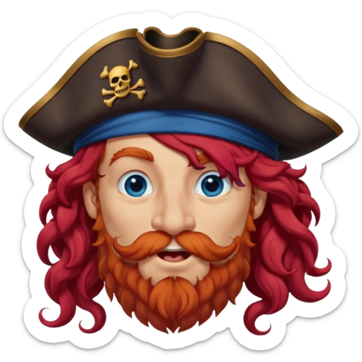pirate with long curly red hair, blue eyes, strong nose and a chin dimple winking and licking his mouth seductively, no facial hair sticker
