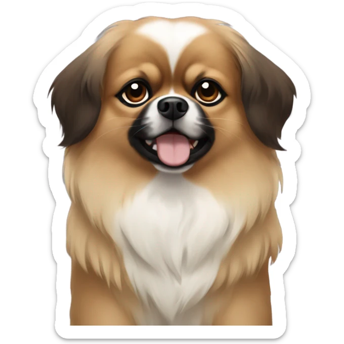 Tibetan Spaniel. It has a brown face, large black eyes, and its fur is white and fluffy. sticker