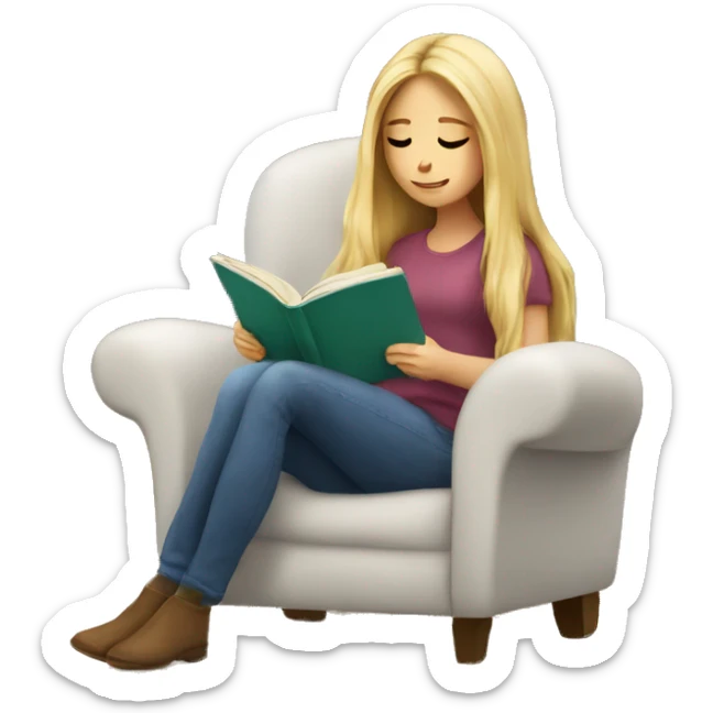 long hair white girl reading a book in cozy chair  sticker