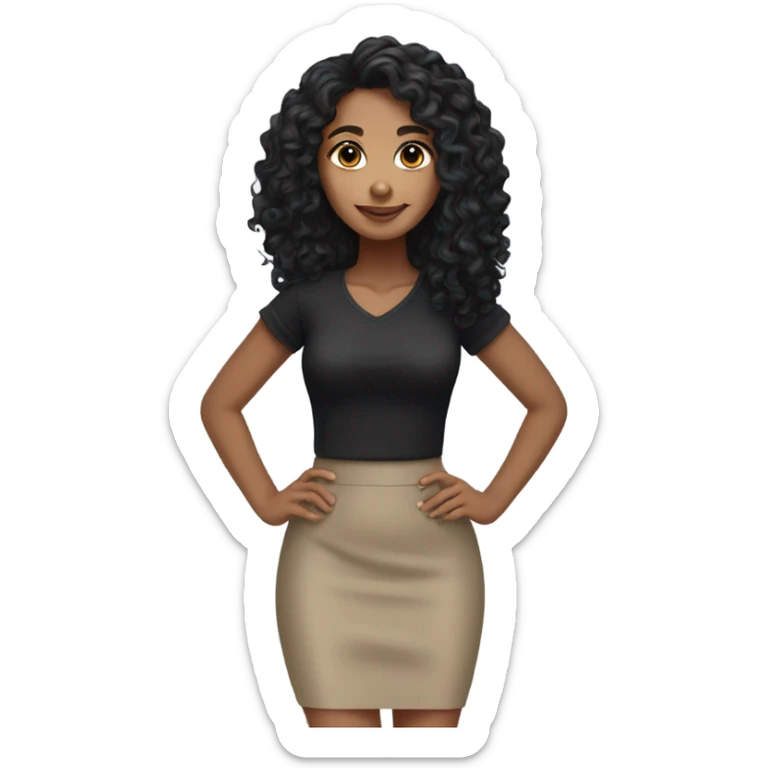 Tan girl with black long curly hair black pencil skirt full body sticker