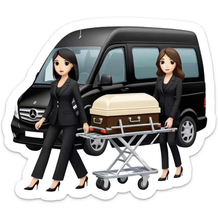 Two woman in black pants suits. One I brunette and one has black hair. They are pushing a funeral stretcher in to a black Mercedes Vito funeral van  sticker