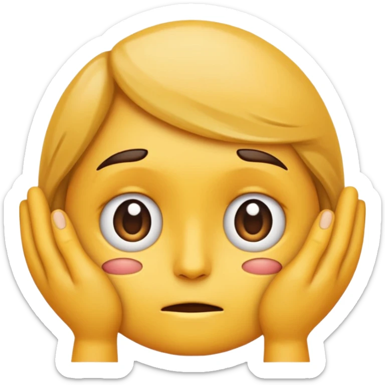 Genera un emoji estilo Apple que represente inseguridad física: un rostro neutral mirando hacia abajo, con cejas ligeramente inclinadas y una mano tocándose la mejilla como si dudara de sí mismo. Expresión suave, triste pero empática sticker