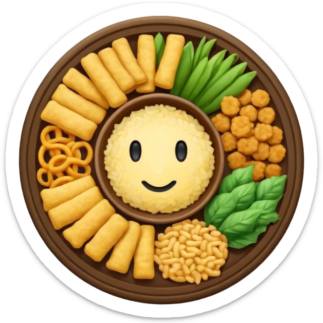 plato redondo con chicharrón crujiente dorado y arroz frito con pequeños vegetales de colores, vista desde arriba, fondo blanco, estilo simple. sticker