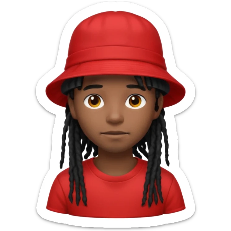 dark brown skin, black hair dreadlocks, wear red t-shirt, black bucket hat sticker