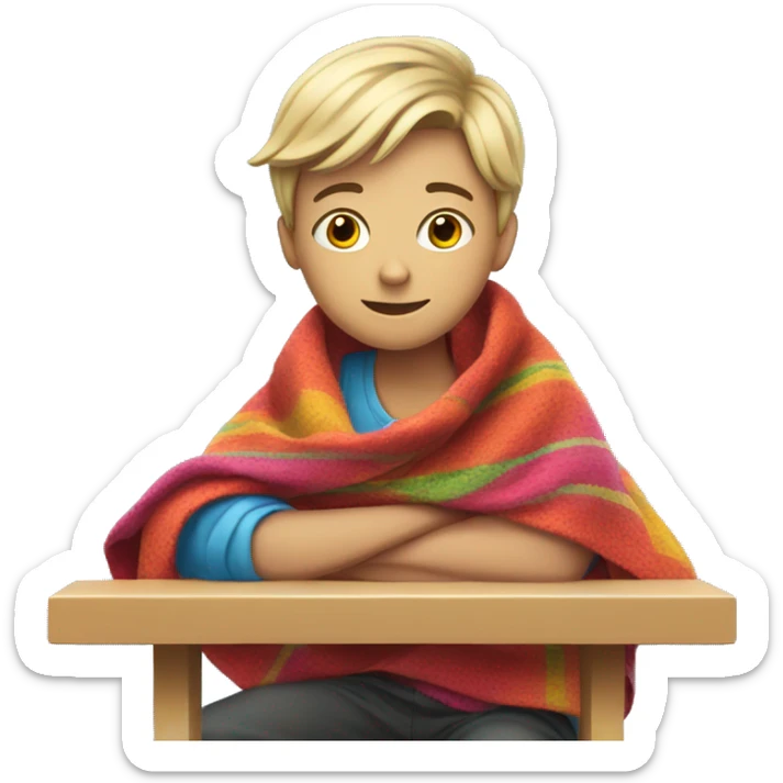 white teen sitting at a school desk with a colorful blanket wrapped around shoulders sticker