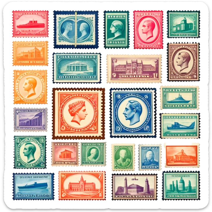 Icon for Stamp Collecting: a collection of vintage and colorful stamps arranged in an album or on a desk, with a large stamp block in the center showcasing different themes. The icon should reflect the charm and history of philately. Transparent background. sticker