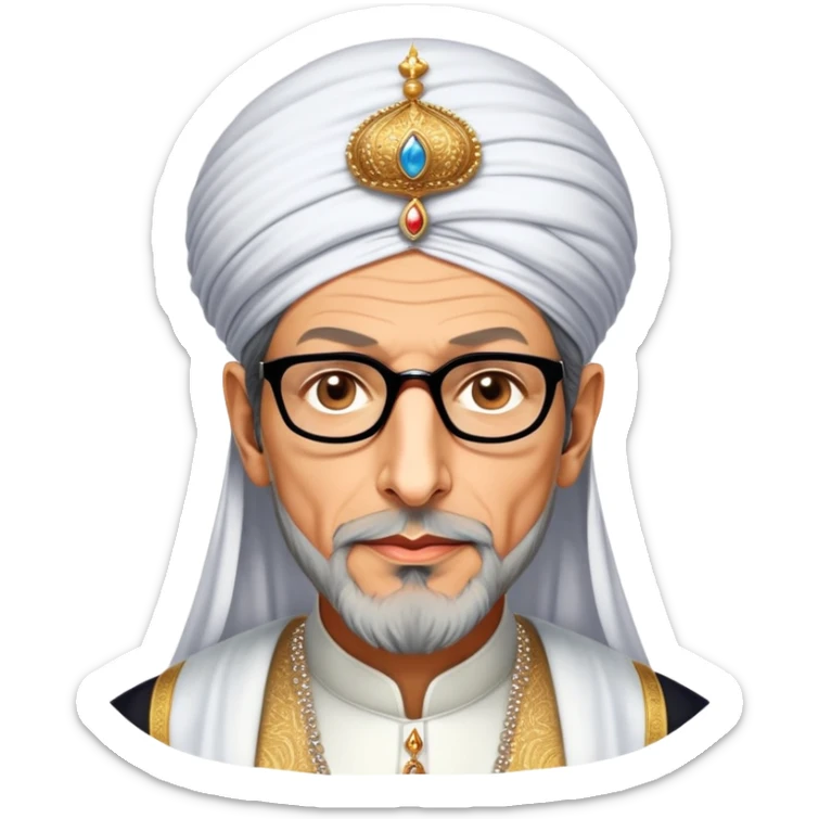 Jeff Goldblum no glasses as a regal portrait dressed as suleiman-the-magnificent,-depicted-as-a-regal-ottoman-sultan-adorned-with-a-large,-white,-round,-tall-turban-and-a-majestic-grey-beard,-his-commanding-gaze-bathed-in-warm,-historic-lighting-that-exudes-time with a large long beard **no glasses** sticker