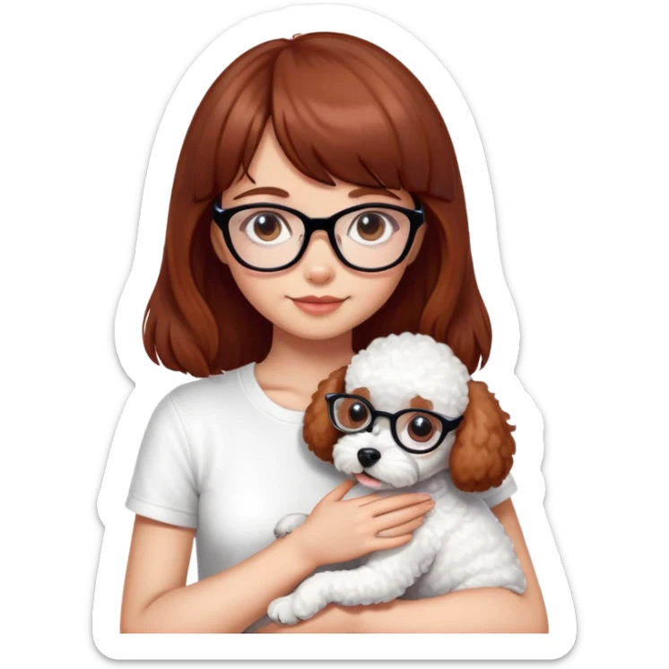 Mahogany haired girl with bangs, white glasses and a white t-shirt hugging a toy poodle dog sticker