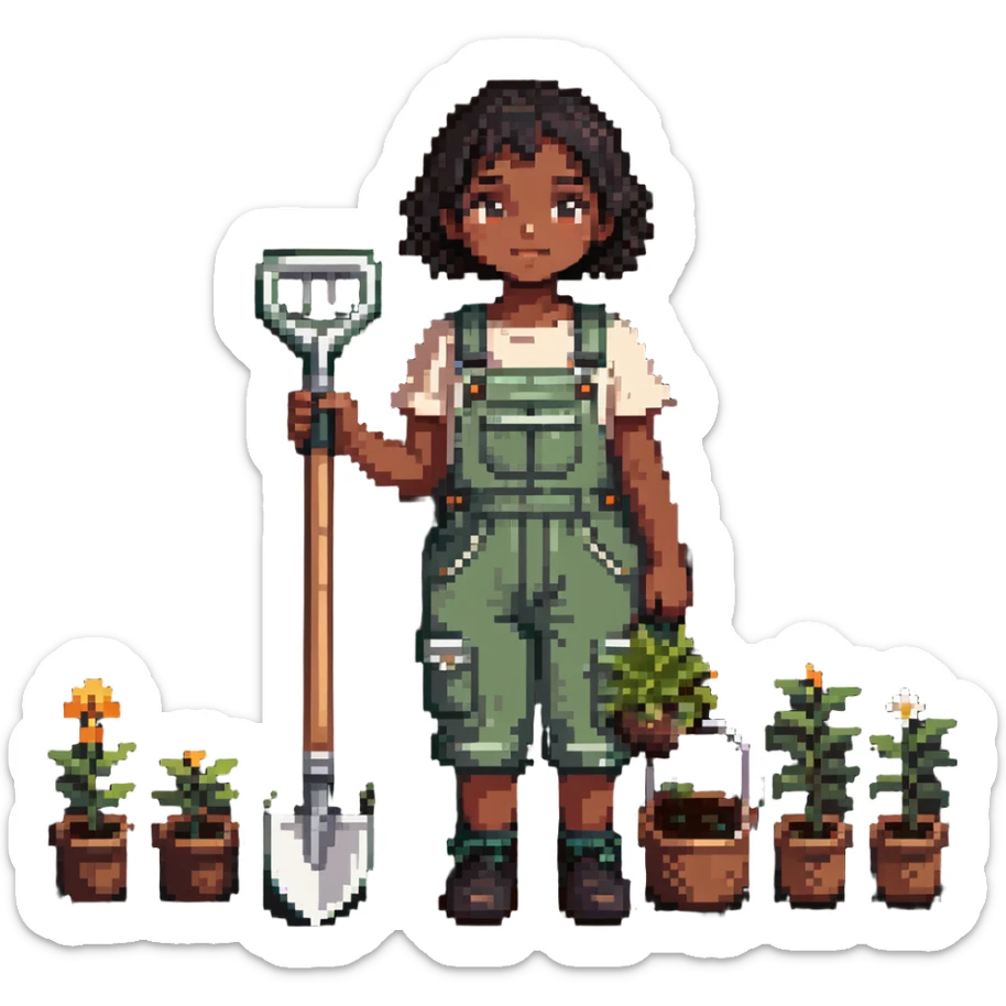 Beautiful brown skin girl with dark short hair wear garden overalls holding garden tools sticker