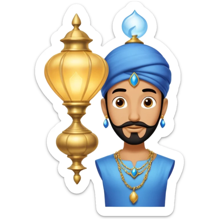 Blue genie with a black goatee and gold bracelets coming out of a lamp from Disney’s Aladdin  sticker
