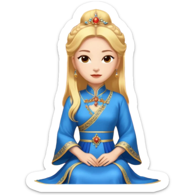 background is queen with golden hair with blue dress, sitting in a Imperial Chinese palace building with red walls, golden roof decorations sticker