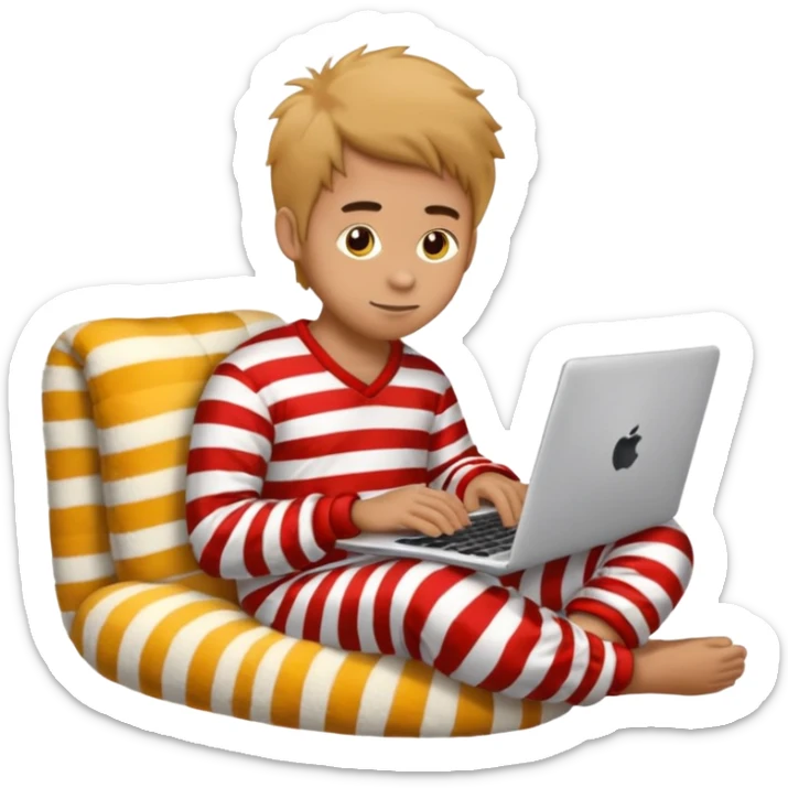 man in striped pajamas and fuzzy slippers typing on a laptop, emoji style sticker