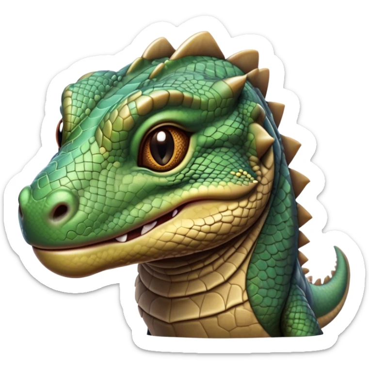 Cinematic Realistic Cute Komodo Dragon Portrait Emoji, Head tilted playfully and inquisitively, featuring a compact, robust build with finely detailed, textured scales in natural earthy hues and a characteristically alert face with bright, curious eyes, rendered with lifelike clarity, high shine, affectionate and surprisingly endearing, styled with a touch of wild charm, soft glowing outline, capturing the essence of a mischievous yet lovable Komodo dragon that seems poised to inch its way out of the screen into your arms! sticker