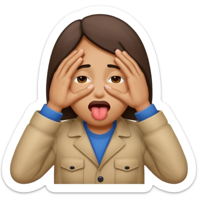 fait un emoji qui se cache les yeux avec ces main et qui tire la langue sur le côté sticker