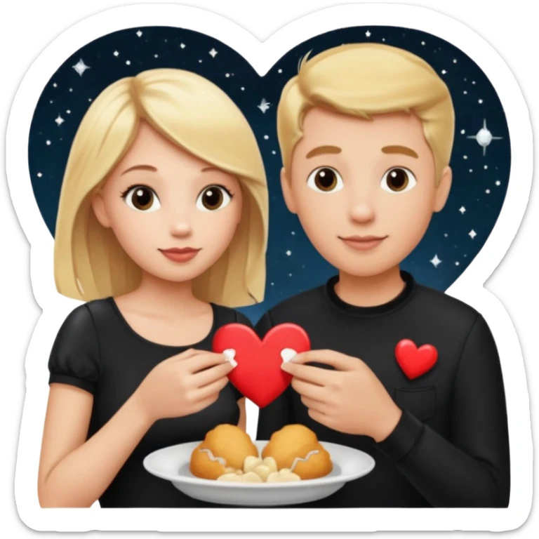 Couple with blonde hair wearing black eating chick filet hearts and outer space in the background. 
 sticker