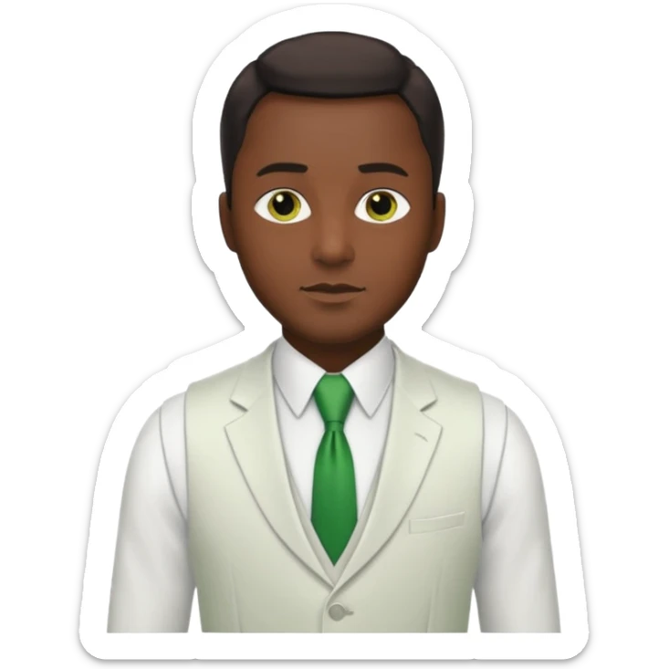 businessman, black skin, brown eyes, white suit vest, green tie sticker