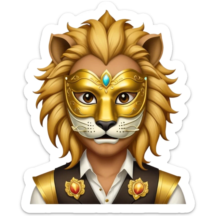 a man, with a vest,  wear half-face golden Lion masquerade mask sticker