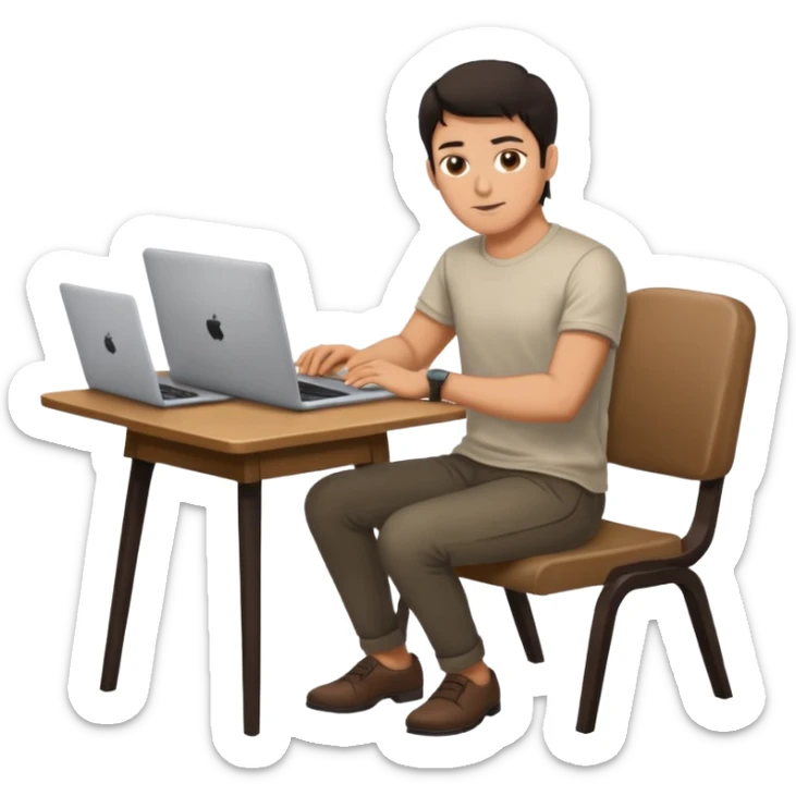 Rich man working setting on a chair in shirt, dark hair, and near the table with laptop he is german very beautiful looks like sticker