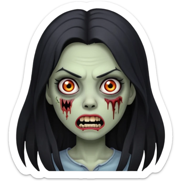 Girl zombie with black long hair with teeth and serious face IOS style sticker