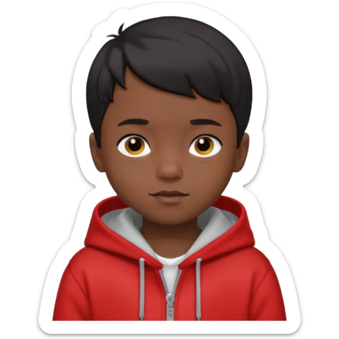 niño de 7 años, con pelo y piel negra. sudadera roja, pelo muy corto  sticker