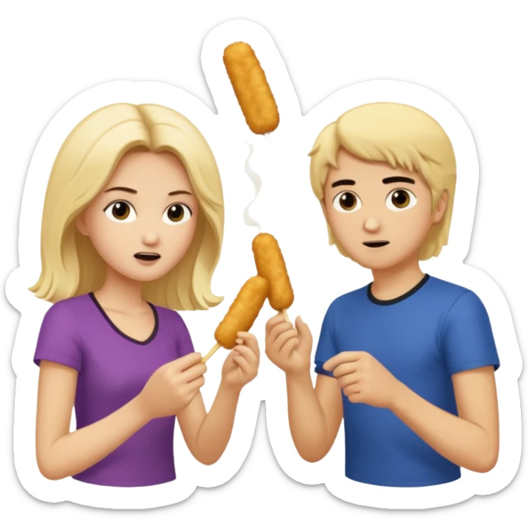 Aurore is blond and Enzo had mid-long black hair are fighting about mozzarella sticks sticker