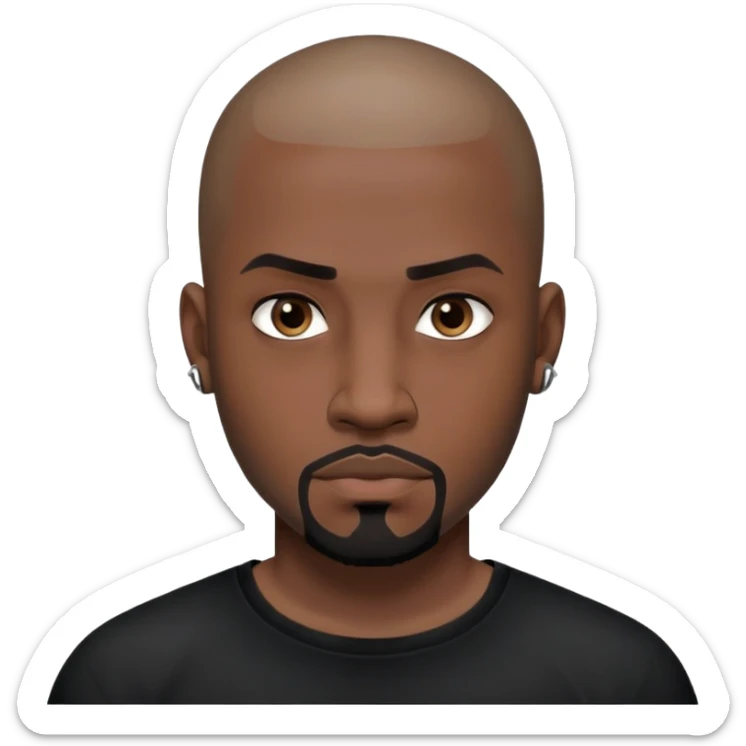 đàn ông 30 tuổi, da đen, đầu trọc, râu quai nón đen, có hình xăm trên mặt, áo đen, mặt nghiêm túc sticker