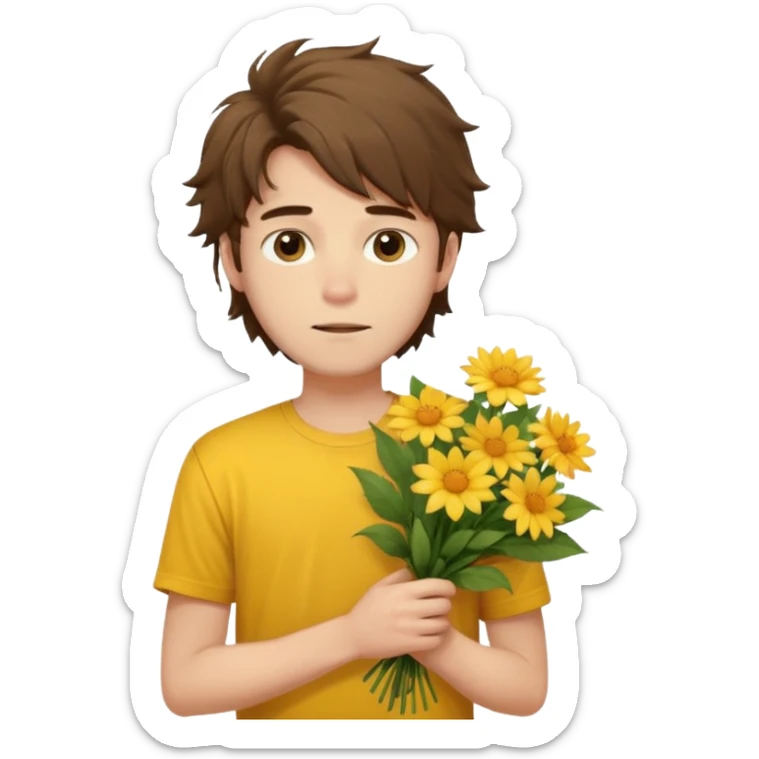 generate an ios genmoji of a 20 year old fair boy with brown long and messy hair with faint beard on cheeks. carrying a flower bouquet, wearing a yellow tshirt, looking shy.  sticker