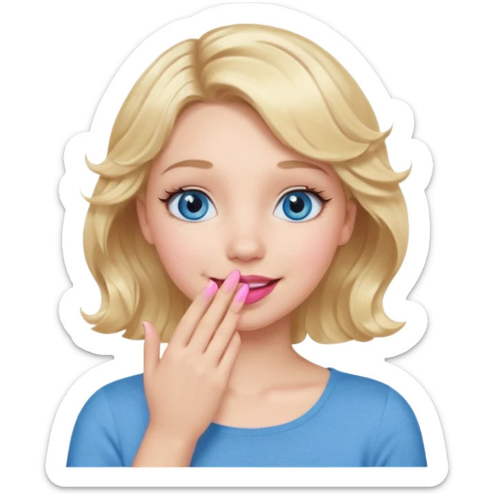 Girl Blonde short wavy hair,  blue eyes, cute blue top, long lashes, pink lips, smiling, hand covering the mouth sticker