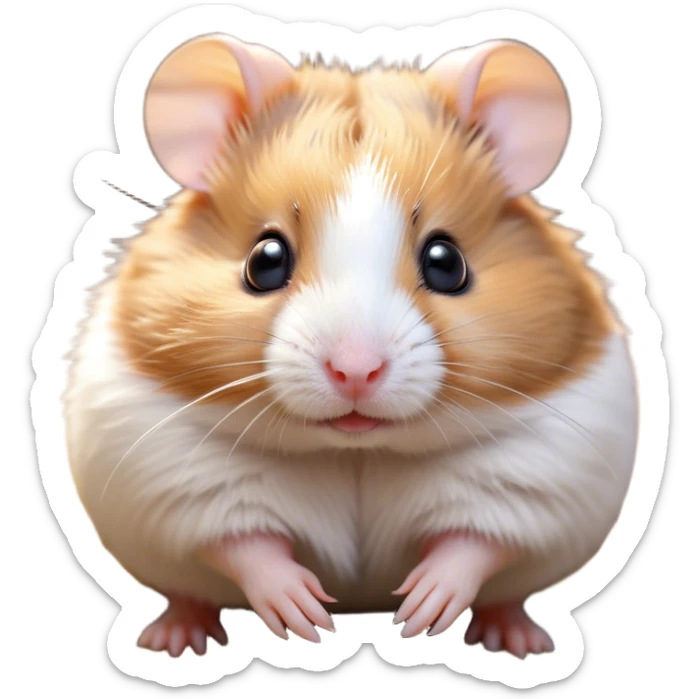 Cinematic Cute Brown and White Banded Hamster Portrait Emoji, Head tilted playfully and inquisitively, showcasing a fluffy coat with playful brown and white banded patterns, round, sparkling dark eyes filled with curiosity, Simplified yet irresistibly adorable features, highly detailed, glowing with a warm, friendly glow, high shine, affectionate and lively, stylized with a touch of whimsy, bright and endearing, soft glowing outline, capturing the essence of a mischievous yet loving hamster, so playful it feels like it could dash out of the screen and into your arms! sticker