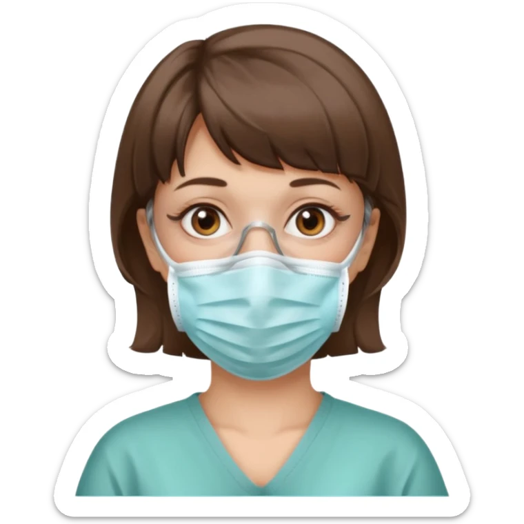 Old girl wearing medical mask with bangs and short hair, hair color brown sticker
