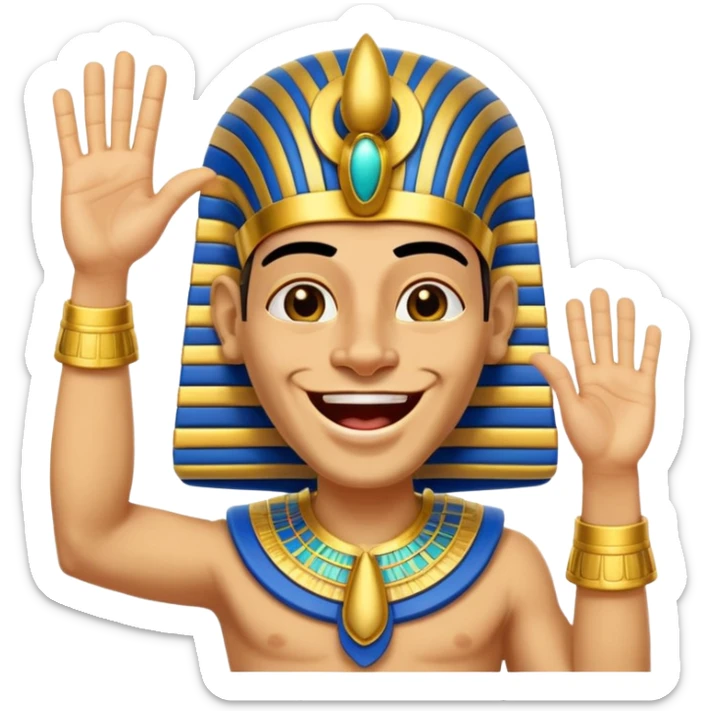 Animated sticker of a funny Ancient Egyptian Pharaoh laughing and energetically waving his hand, welcoming new members, cartoonish style, colorful with shiny gold details, expressive face, small and clear for Discord use, playful and lively motion.
 sticker