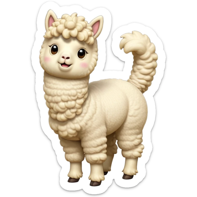 cinematic-[cream alpaca]-realistic-full-body-standing-emoji,-tail-flicking-lazily,-head-tilted-dramatically,-curly-[cream]-fur,-simplified-yet-realistic-focused-features,-highly-detailed,-glowing-with-an-almost-sarcastic-glow sticker