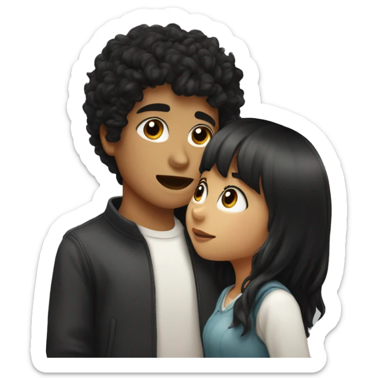 a girl with black hair and bangs with white skin and gray eyes is kissing a slightly swarthy boy and dark curly hair sticker