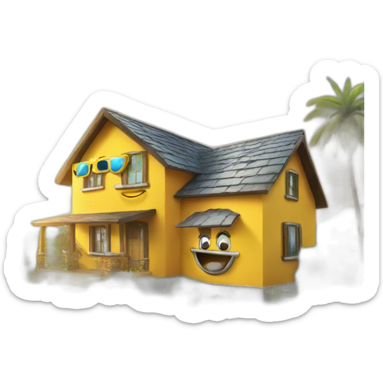 happy face with sun glasses, and a house reflecting on the surface of the glasses sticker