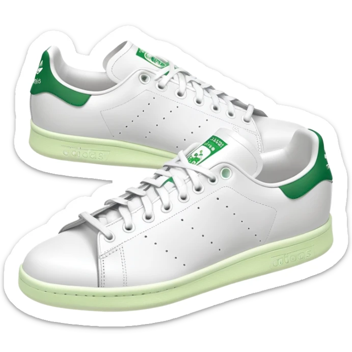 White Adidas Stan Smith shoe with green accents, iconic tennis sneaker, clean design, white with green heel tab, front angle view sticker