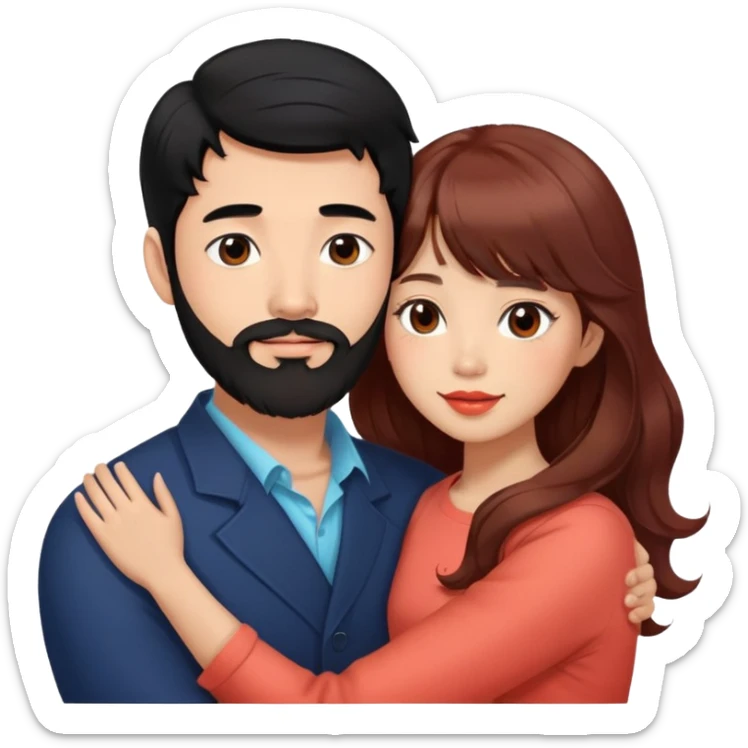 handsome tall asian man with black hair and beard, hugging cute woman with tan skin and long wavy reddish brown hair with bangs and coral lipstick sticker